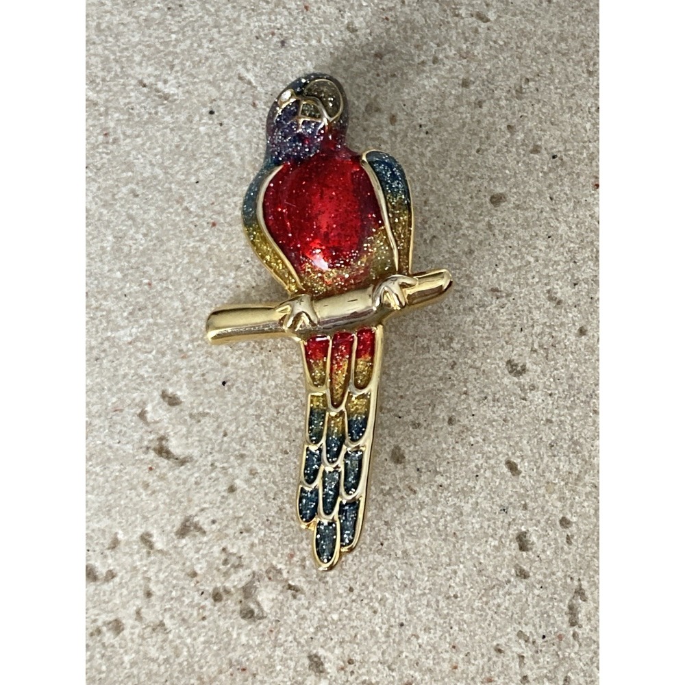 Tropical‎ Parrot Bird Brooch Gold Tone Red Blue Glitter Enamel Novelty Eclectic